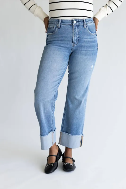 Risen Tummy Control Mid Rise Cuffed Cropped Straight Leg Jeans for Women | PSC21653 made by Risen