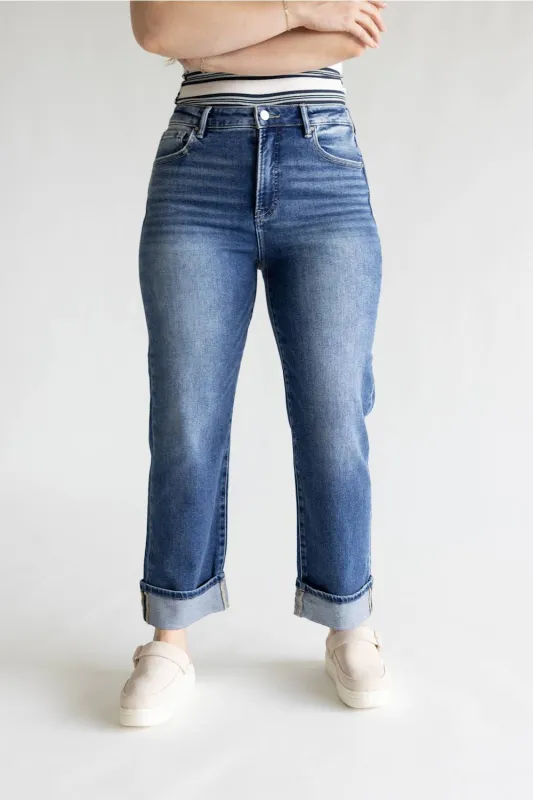 Risen Tummy Control High Rise Cuffed Cropped Straight Jeans for Women | RDP5941 made by Risen