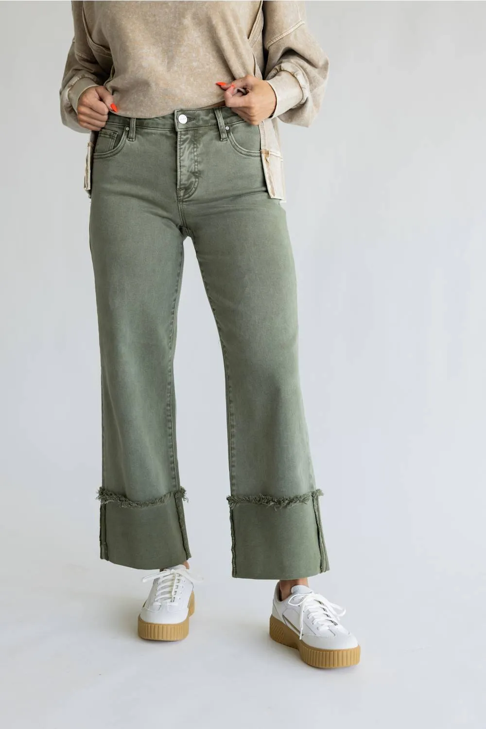 Risen Mid Rise Tummy Control Cuffed Wide Leg Jeans for Women in Olive sold by Glik’s product image thumbnail 5