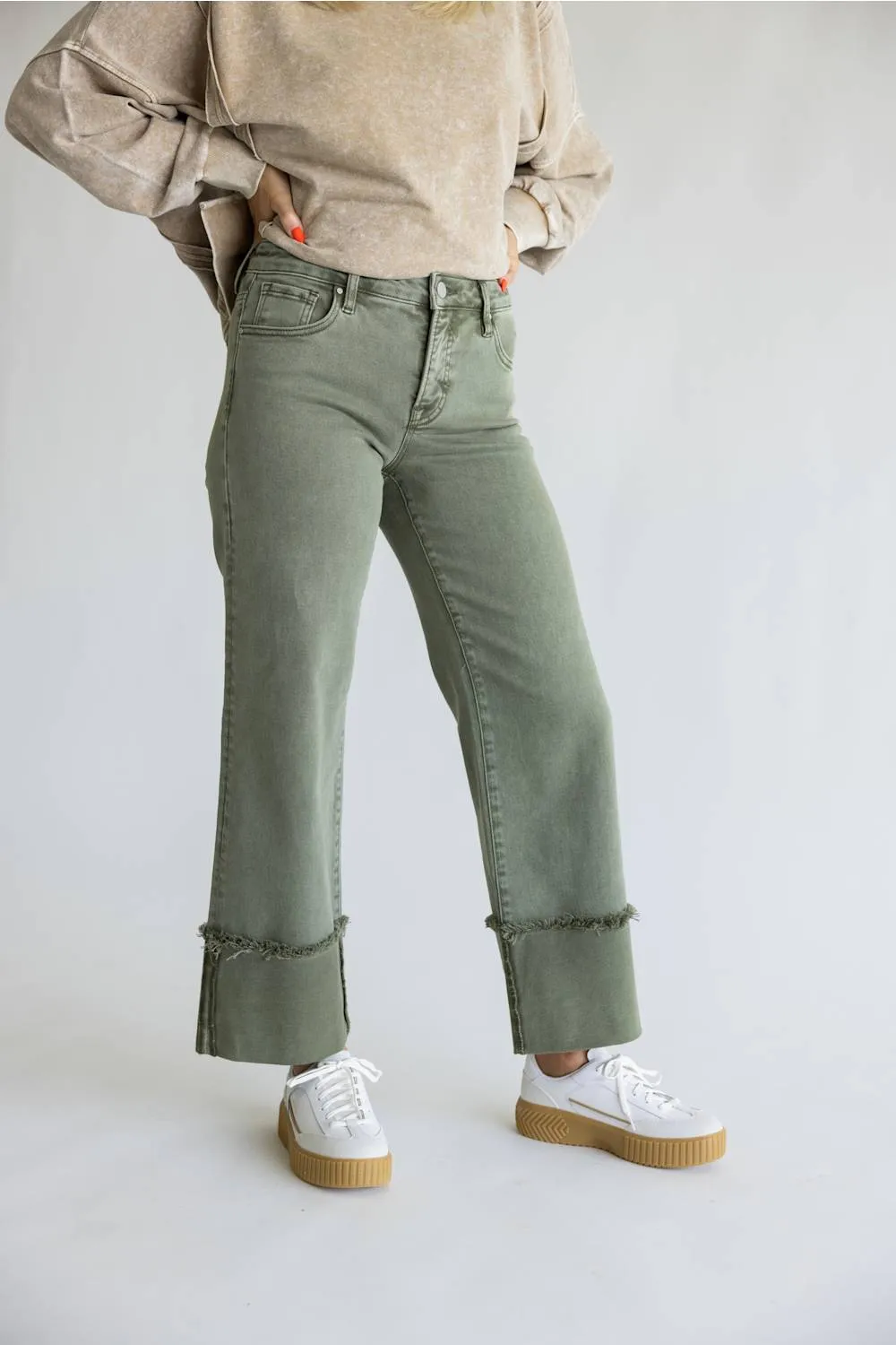 Risen Mid Rise Tummy Control Cuffed Wide Leg Jeans for Women in Olive sold by Glik’s product image thumbnail 4