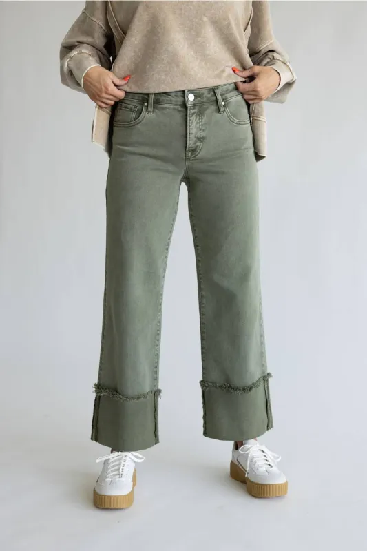 Risen Mid Rise Tummy Control Cuffed Wide Leg Jeans for Women in Olive made by Risen
