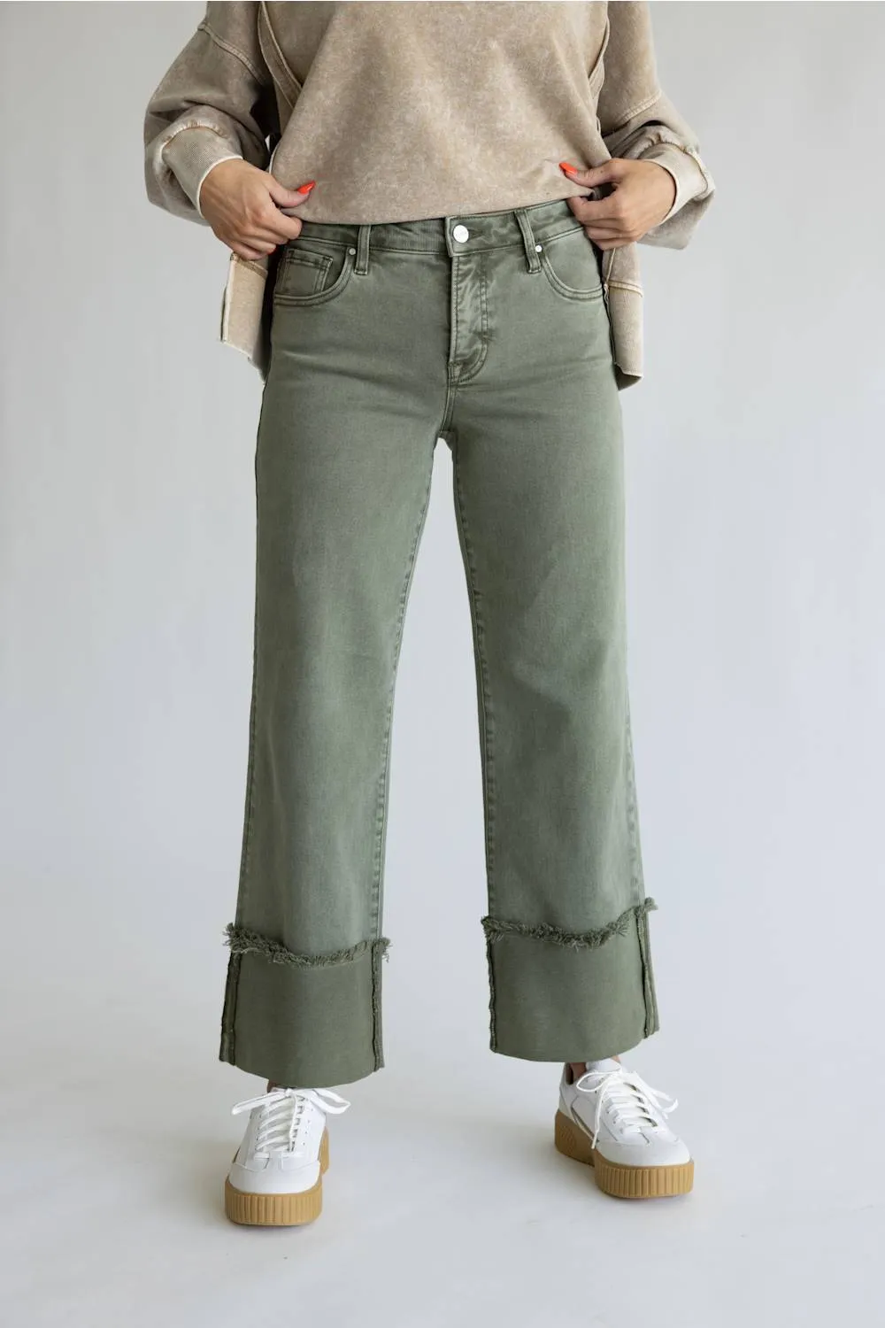 Risen Mid Rise Tummy Control Cuffed Wide Leg Jeans for Women in Olive sold by Glik’s