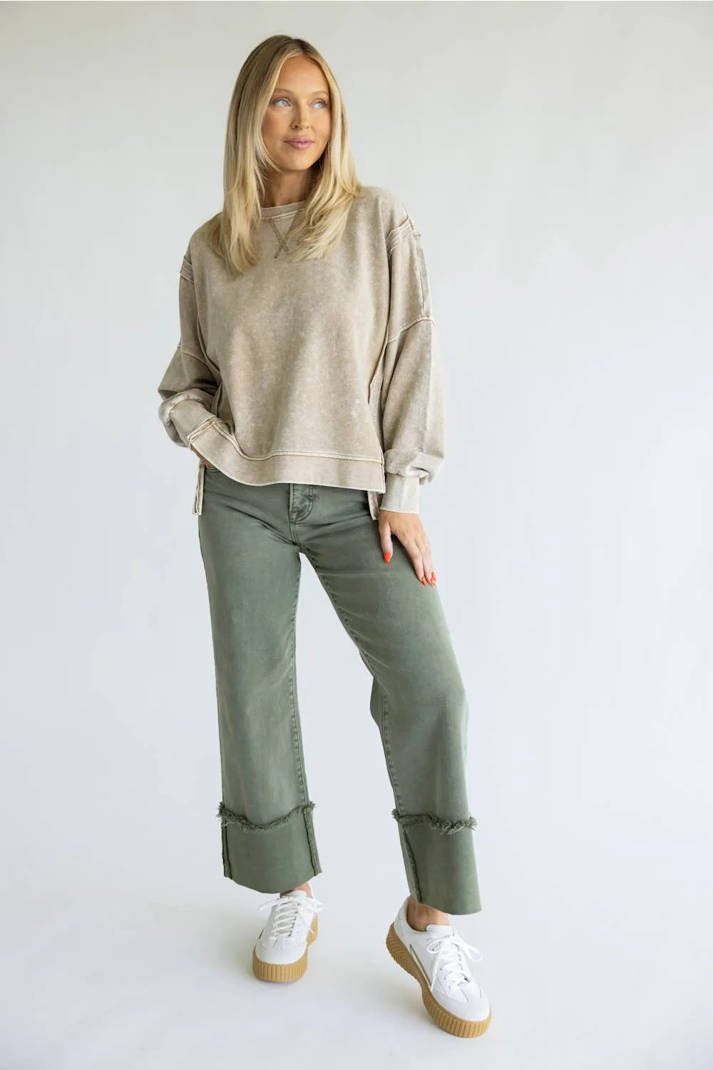 Risen Mid Rise Tummy Control Cuffed Wide Leg Jeans for Women in Olive sold by Glik’s product image thumbnail 2