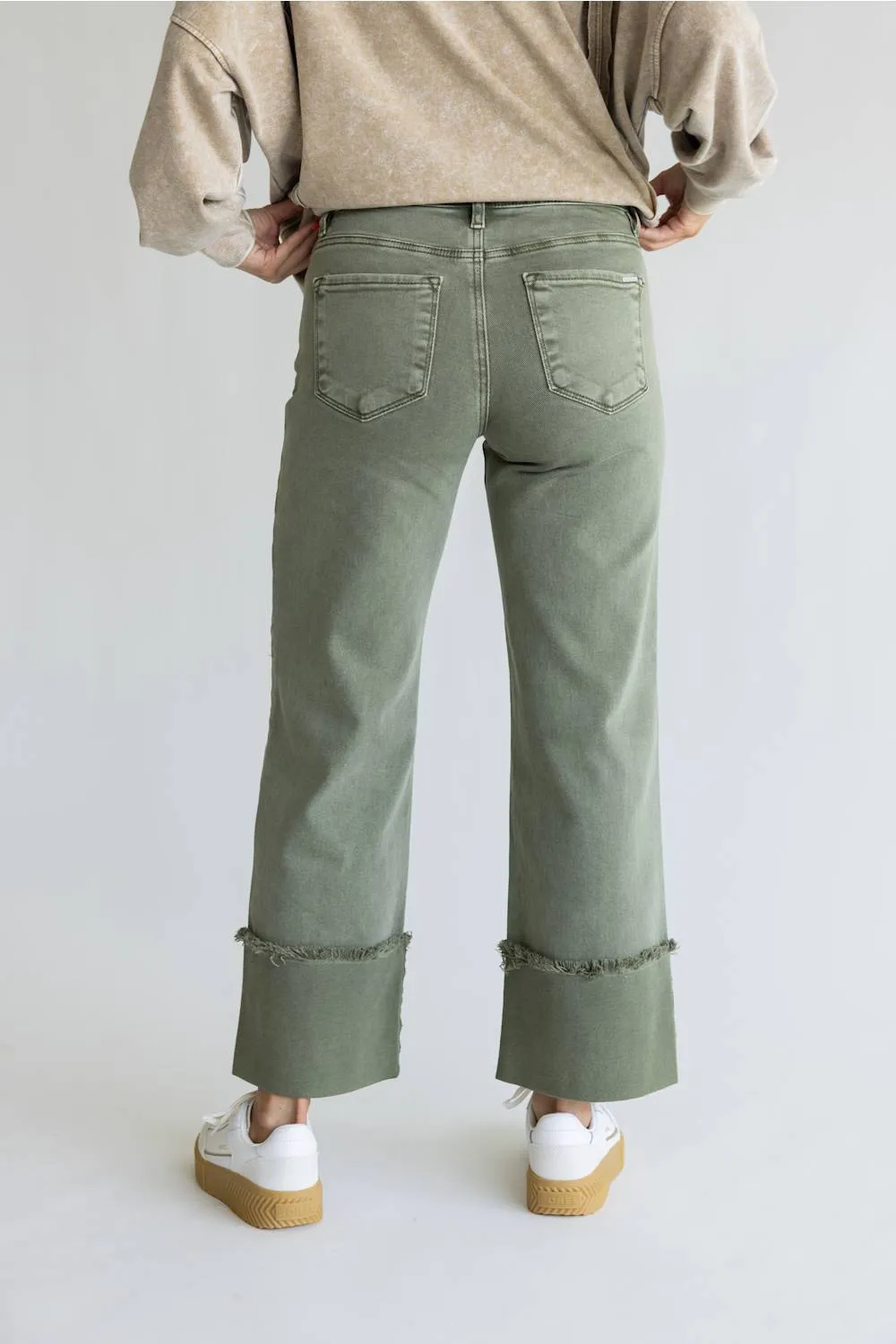 Risen Mid Rise Tummy Control Cuffed Wide Leg Jeans for Women in Olive sold by Glik’s product image thumbnail 3