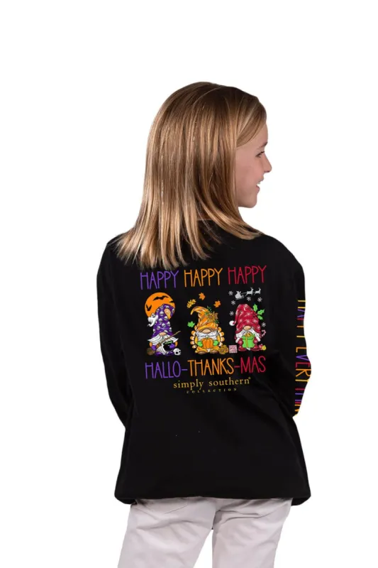 Simply Southern Youth Long Sleeve Hallo-Thanks-Mas T-Shirt for Girls in Black | YTH-LS-HAPPY-BLACK sold by Glik’s