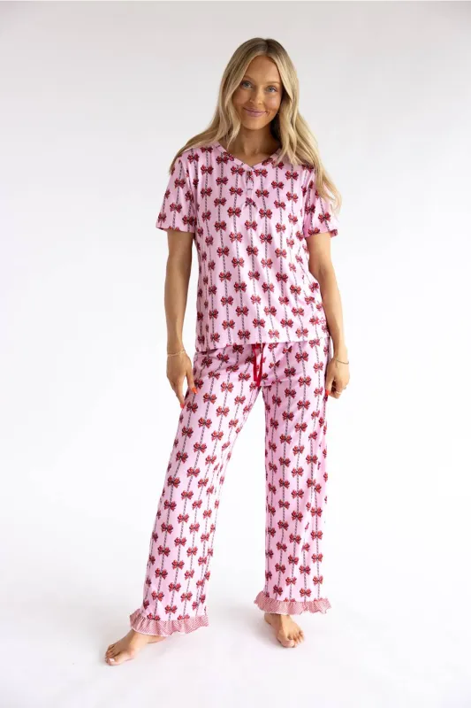 Simply Southern Holiday Lily Pajama Set for Women in Pink/Mint Bow made by Simply Southern