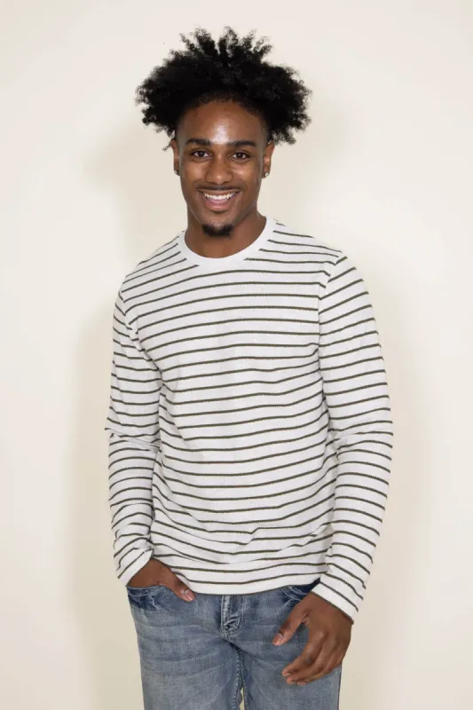 Stripe Thermal Crew Long Sleeve Shirt for Men in Oatmeal/Green | MK63-MP3764-HEATHEROATMEALOLIVE sold by Glik’s