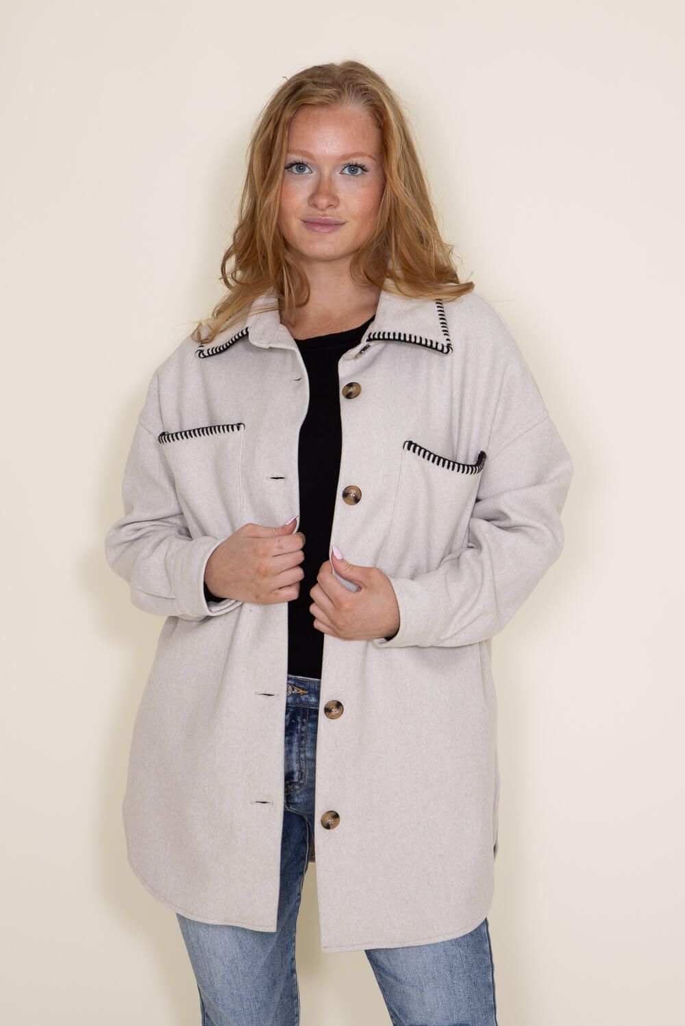 Embroidered Stitch Edge Felt Shacket for Women in Light Oat | 33959-LTOAT sold by Glik’s product image thumbnail 2