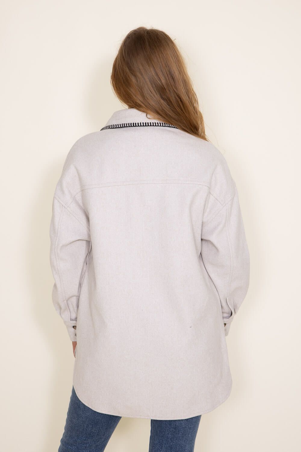 Embroidered Stitch Edge Felt Shacket for Women in Light Oat | 33959-LTOAT sold by Glik’s product image thumbnail 3