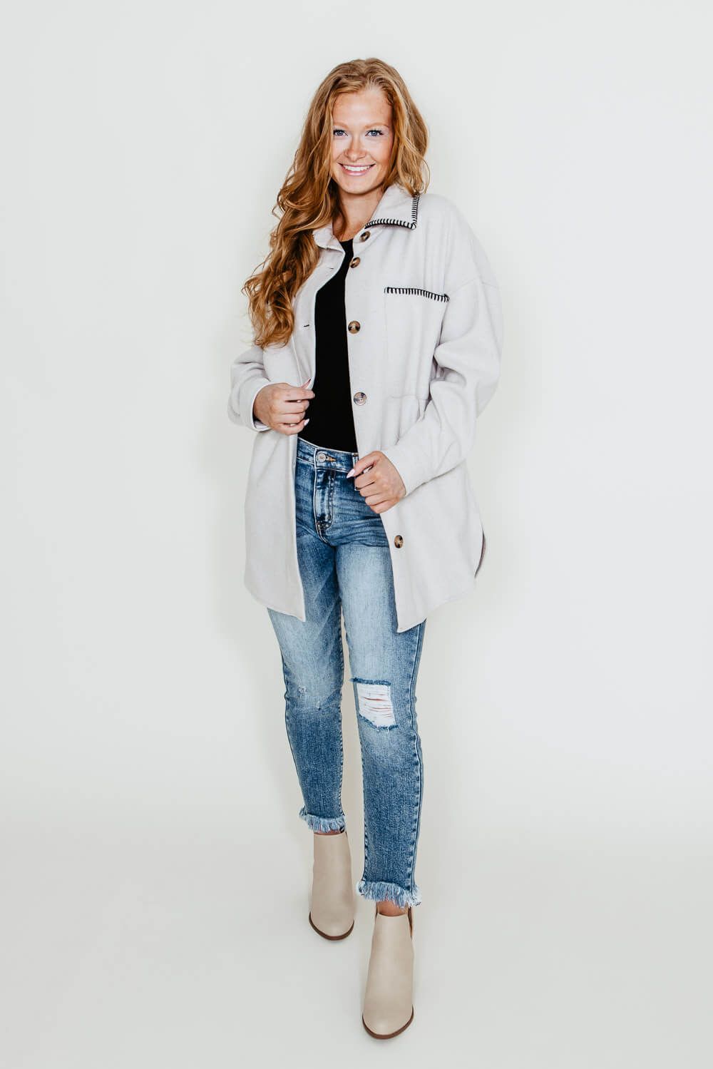 Embroidered Stitch Edge Felt Shacket for Women in Light Oat | 33959-LTOAT sold by Glik’s product image thumbnail 5