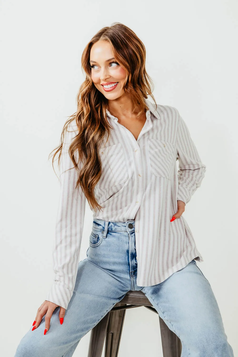 Thread & Supply Lewis Stripe Button Up Shirt for Women in Off White/Pink | T1084PVXTS-OFFWHITEPINKDUST sold by Glik’s