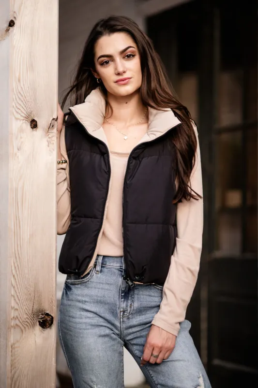 Love Tree Cropped Reversible Puffer Vest for Women in Black/Beige | 5070VY-BLACK sold by Glik’s