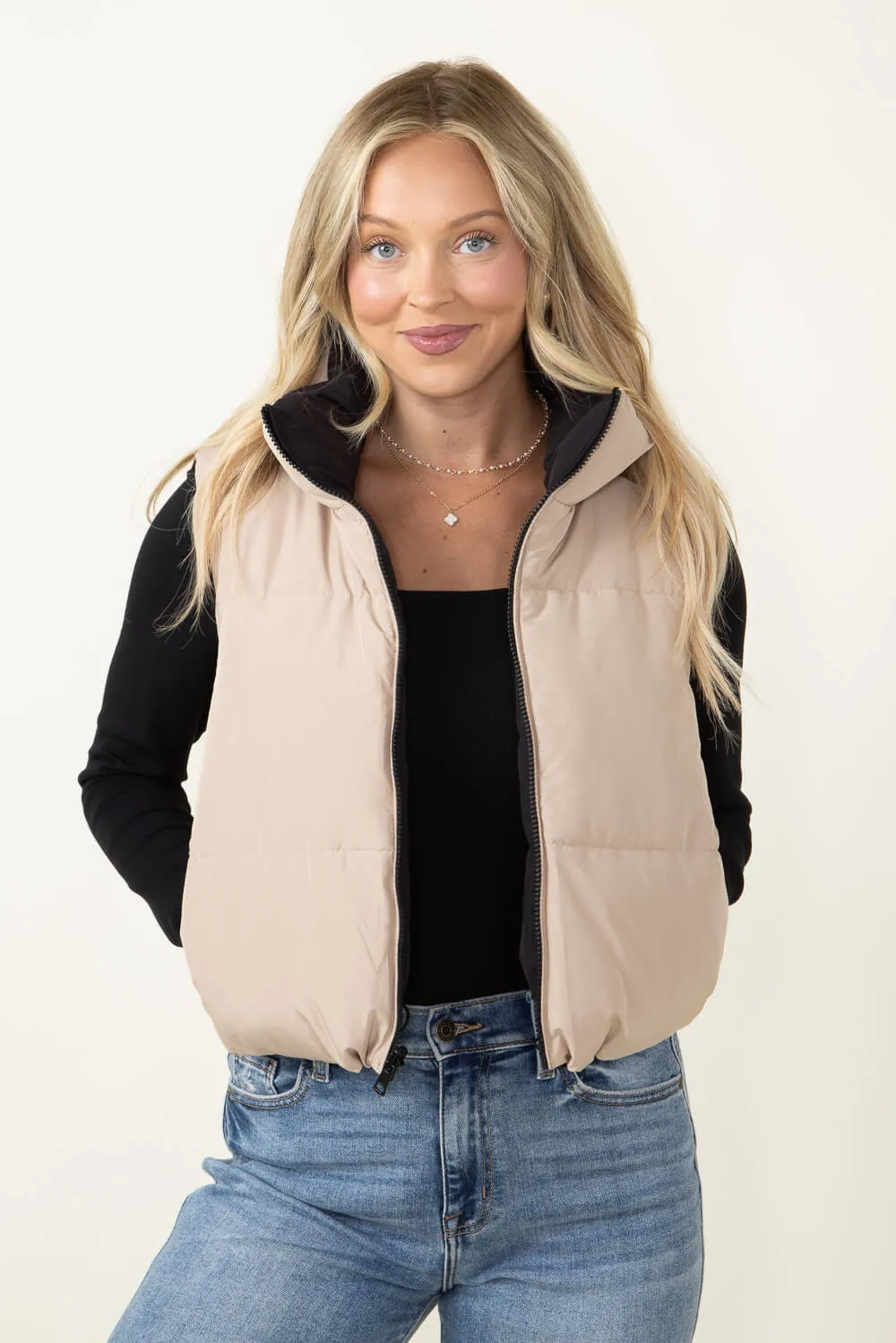 Love Tree Cropped Reversible Puffer Vest for Women in Black/Beige | 5070VY-BLACK sold by Glik’s product image thumbnail 4
