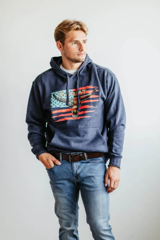 Ariat Logo American Steer Hoodie for Men in Blue Heather | 10046623-NAVY sold by Glik’s