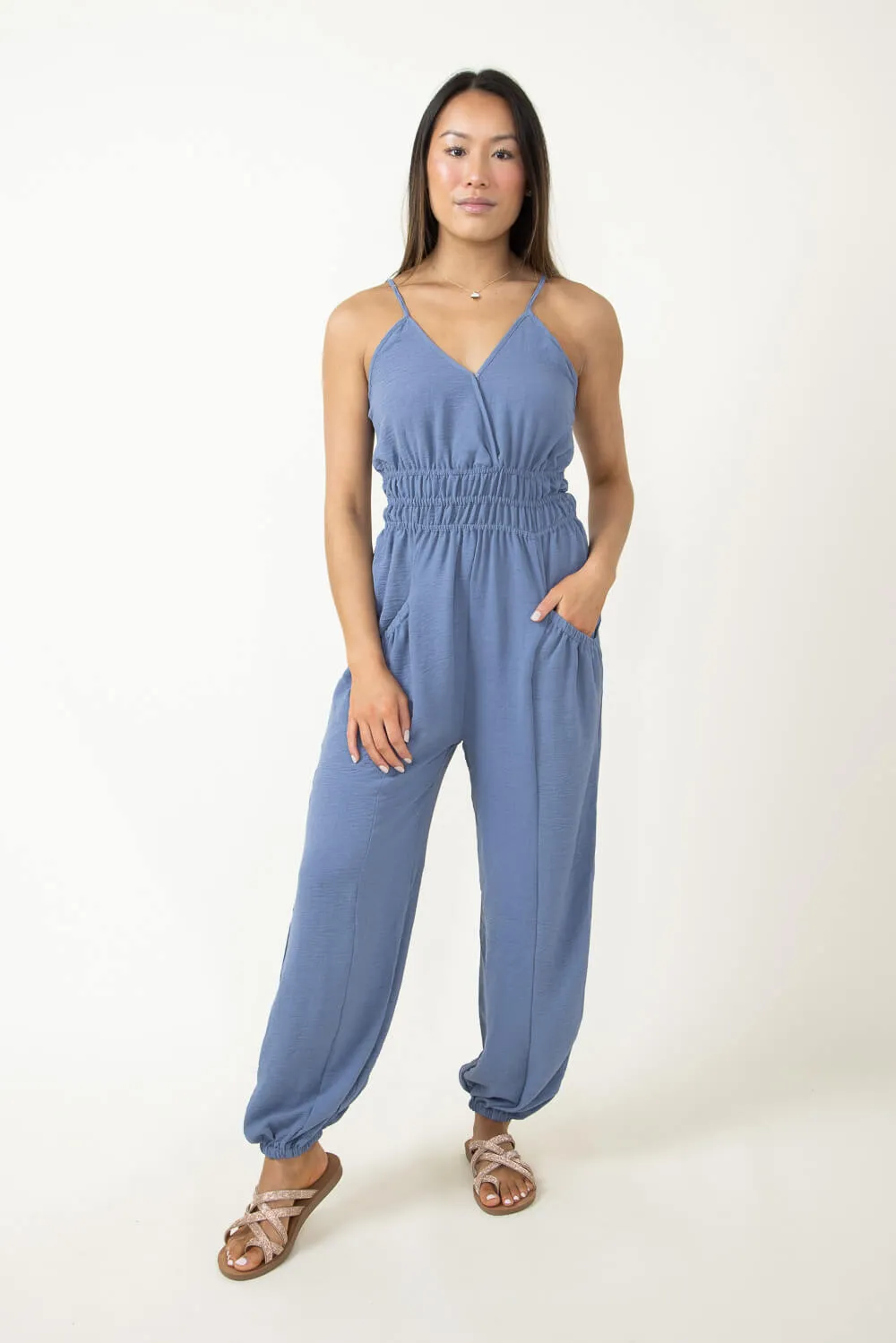 Cinched Waist Jumpsuit for Women in Blue | NP70130-DENIM sold by Glik’s product image thumbnail 4