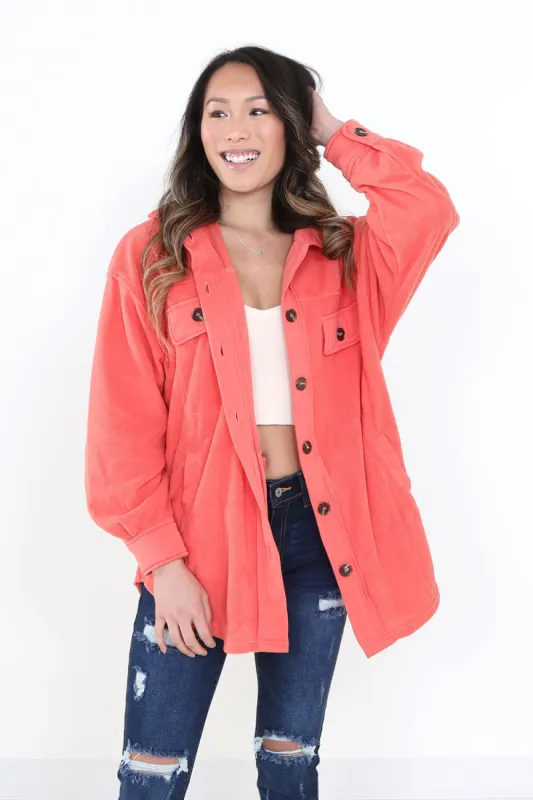 La Miel Sunset Fleece Shacket for Women in Coral Pink | JKT1712-CORAL sold by Glik’s