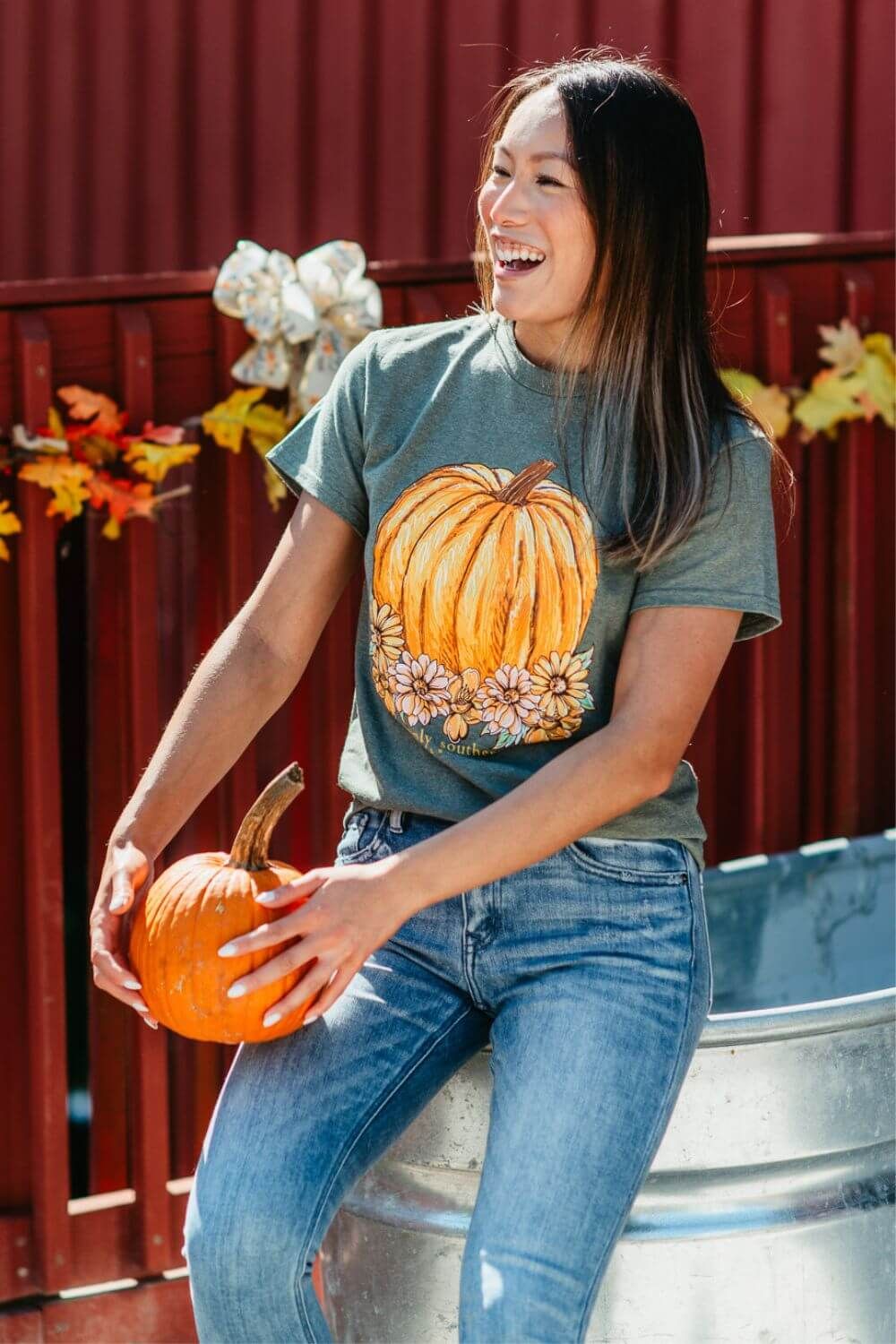 Simply Southern Flower Pumpkin T-Shirt for Women in Heather Green | SS-FLWRPMPKN-MILTGRNHTHR sold by Glik’s