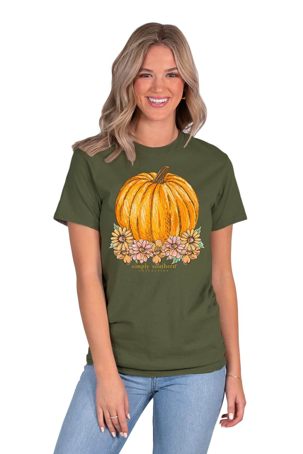 Simply Southern Flower Pumpkin T-Shirt for Women in Heather Green | SS-FLWRPMPKN-MILTGRNHTHR sold by Glik’s product image thumbnail 2