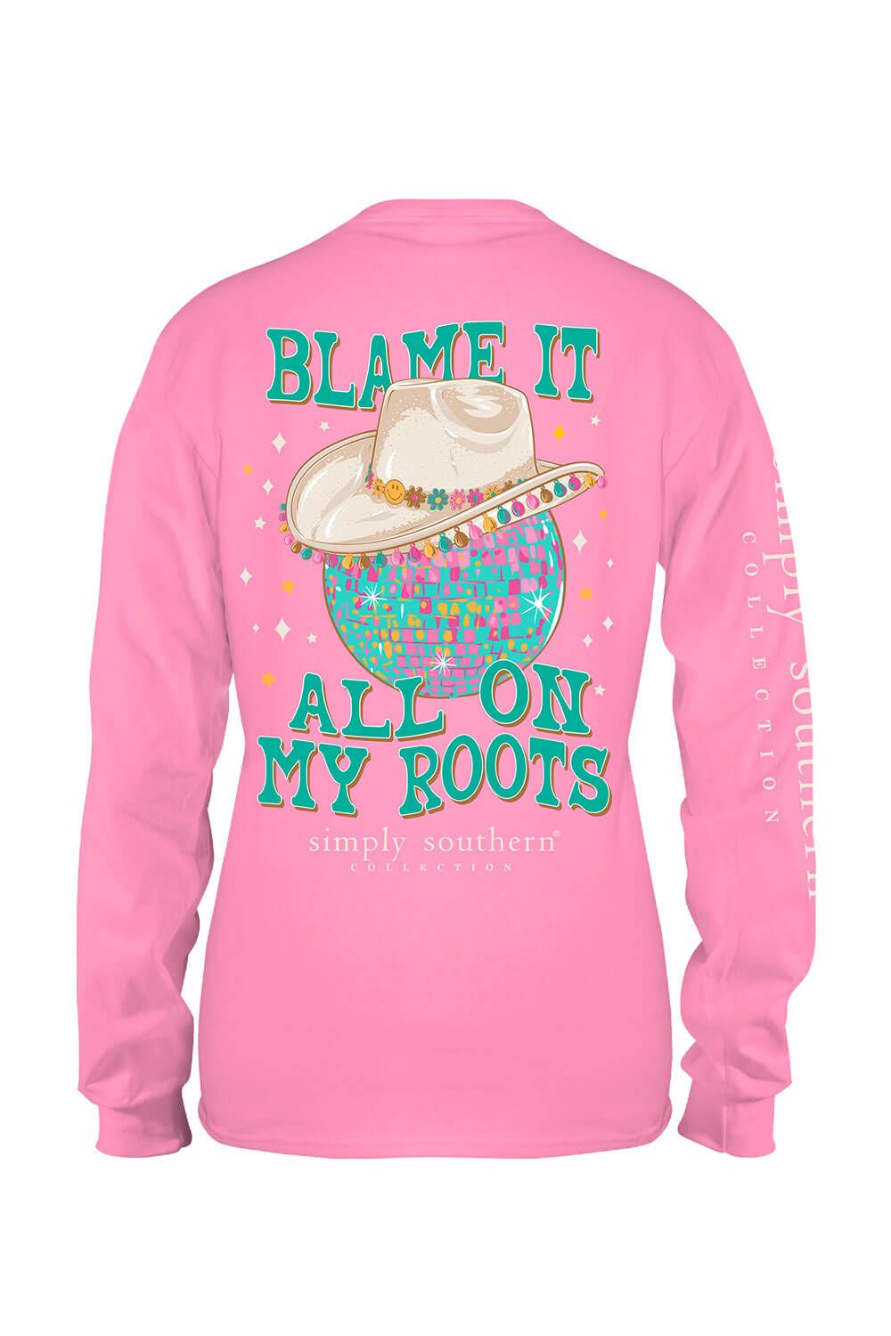 Simply Southern Plus Size Long Sleeve Blame It On My Roots T-Shirt for Women in Flamingo | EXT-LS-ROOTS-FLAMINGO sold by Glik’s
