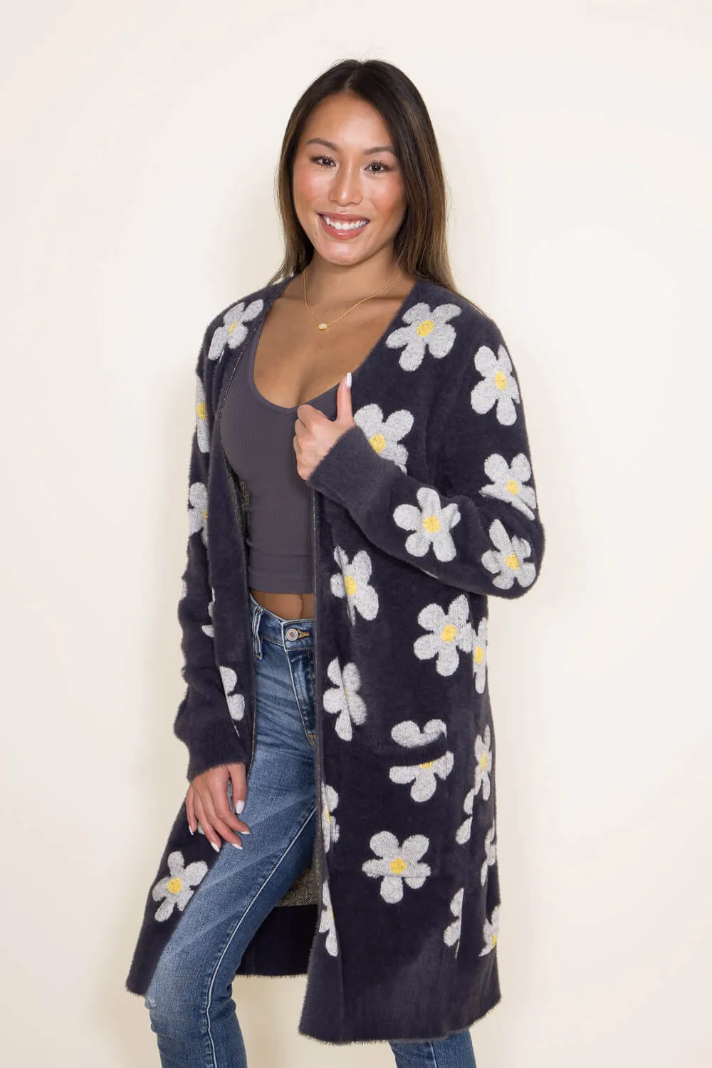 Simply Southern Fuzzy Daisy Print Long Cardigan for Women in Grey | PP-0223-FUZZY-CARDI-ASHDAISY sold by Glik’s product image thumbnail 3