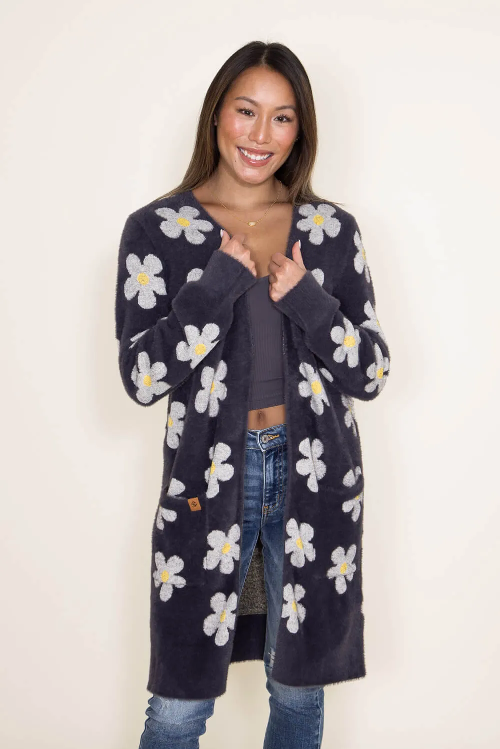 Simply Southern Fuzzy Daisy Print Long Cardigan for Women in Grey | PP-0223-FUZZY-CARDI-ASHDAISY sold by Glik’s