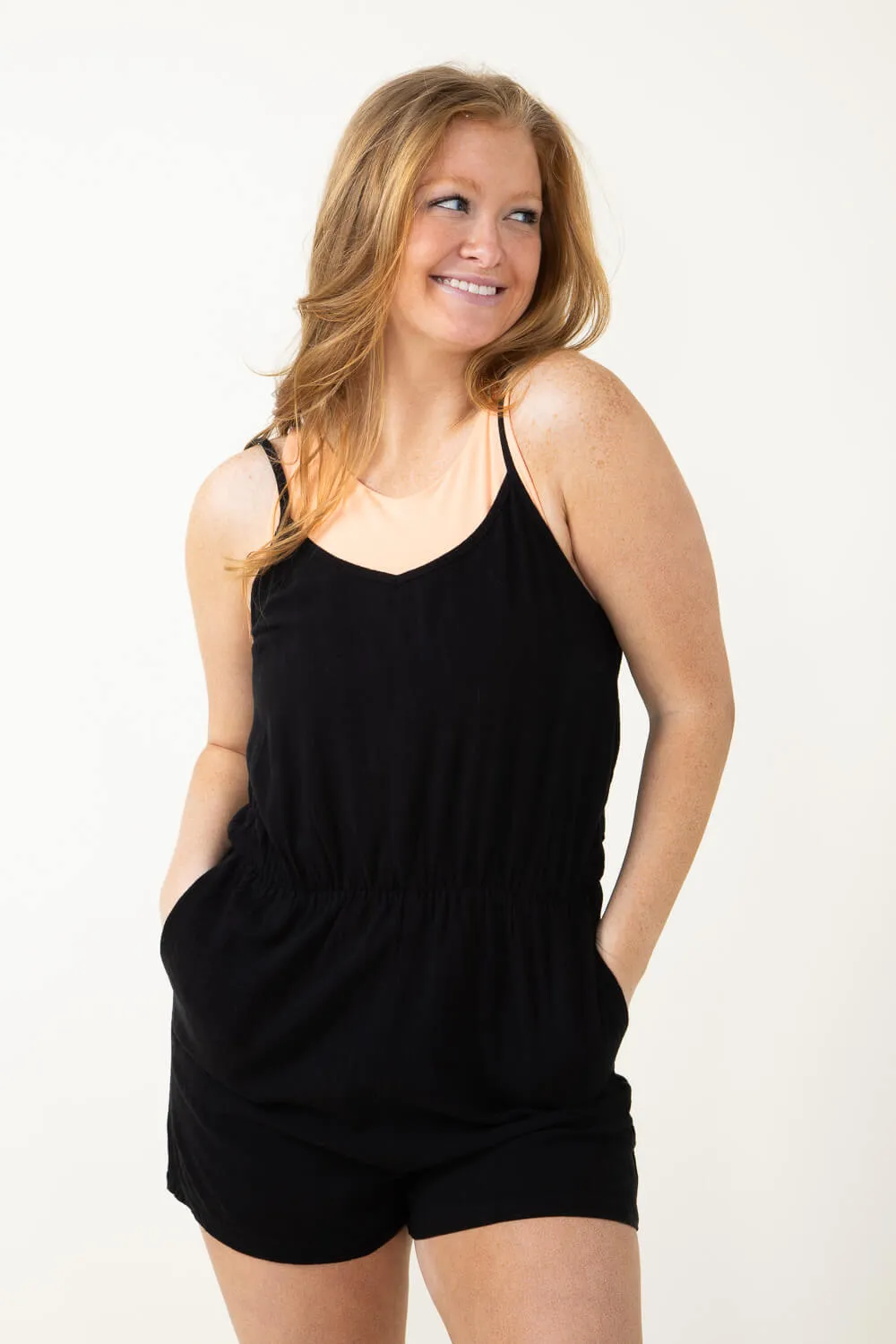Romper with Thin Straps and Pockets for Women in Black | DZ23E423-BLACK sold by Glik’s