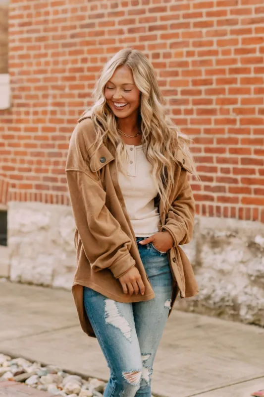 La Miel Sunset Fleece Shacket for Women in Taupe | JKT1712-TAUPE sold by Glik’s