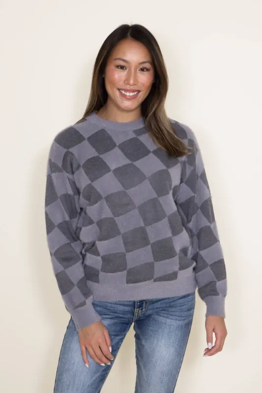 Simply Southern Fuzzy Checkerboard Crewneck Sweater for Women in Grey | PP-0223-FUZZY-CREW-GRYCHCK sold by Glik’s