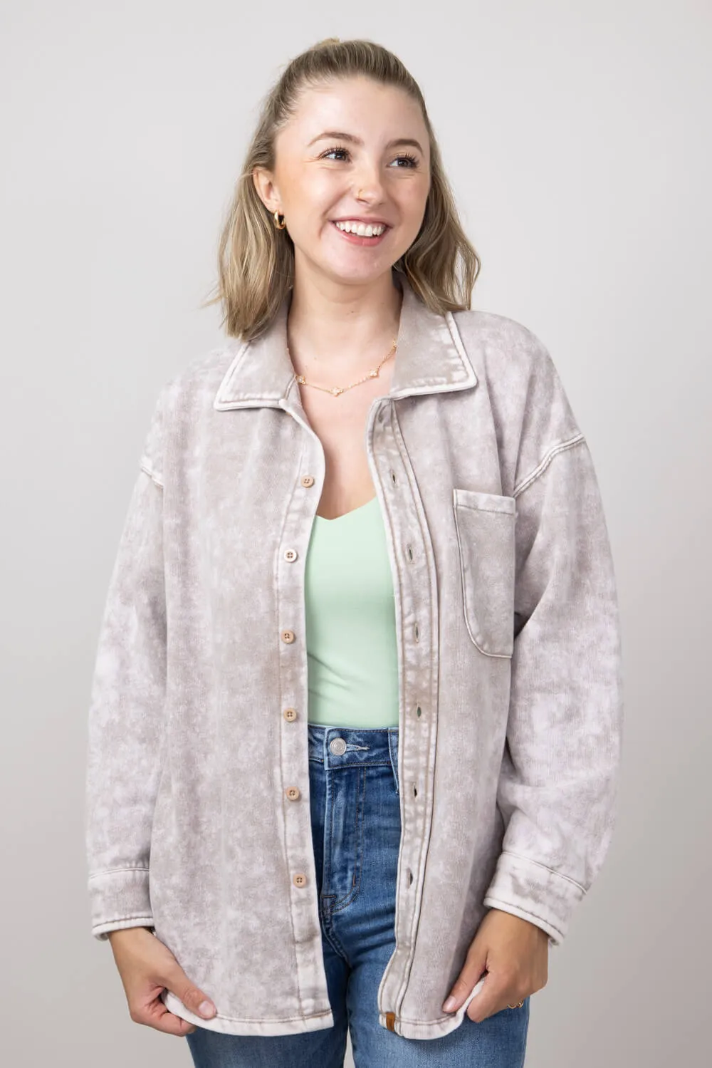 Simply Southern Solid Acid Wash Shacket for Women in Tan | PP-0224-SHKT-ACID-TAN sold by Glik’s