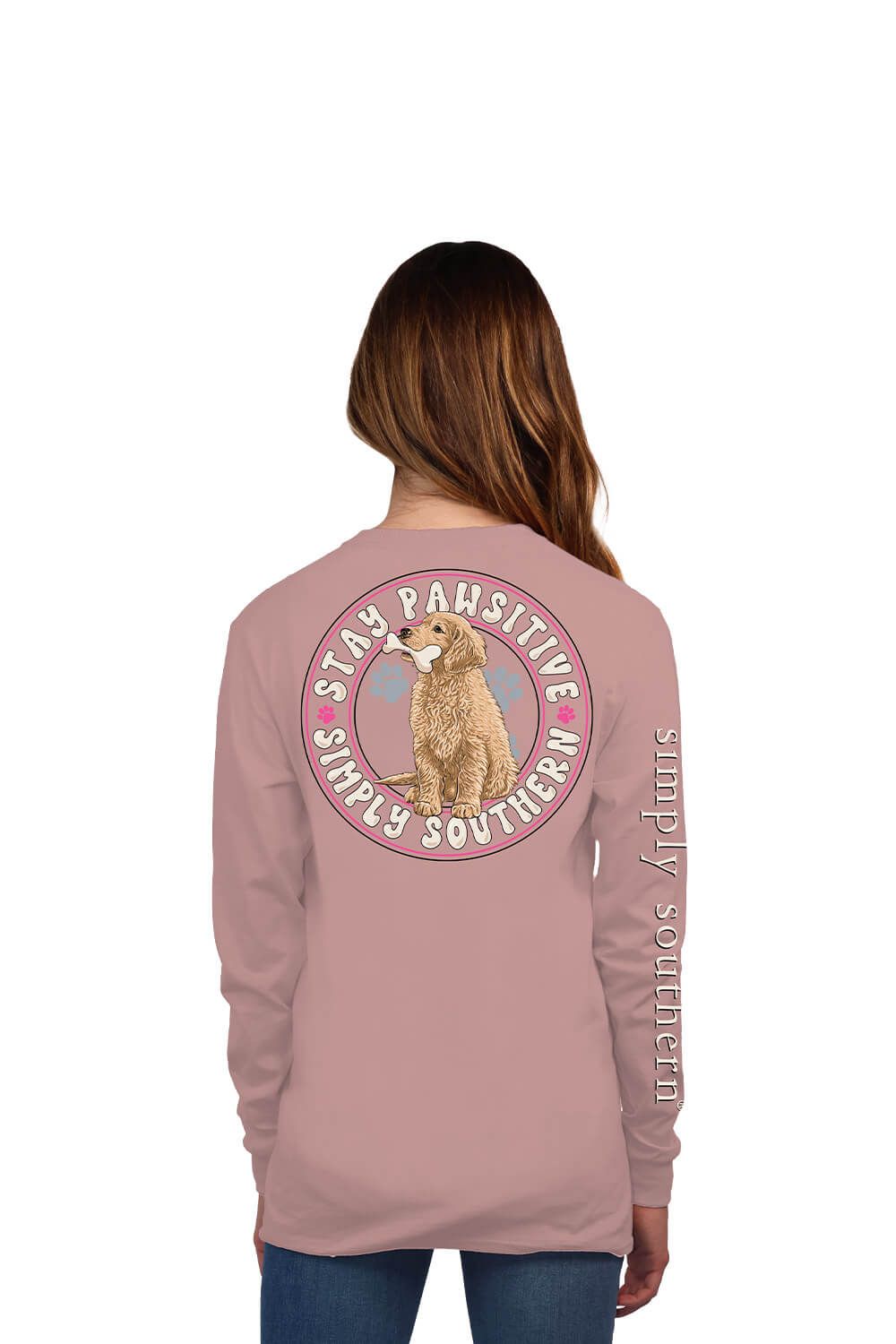Simply Southern Youth Long Sleeve Stay Pawsitive T-Shirt for Girls in Mauve | YTH-LS-BONE-SUEDE sold by Glik’s
