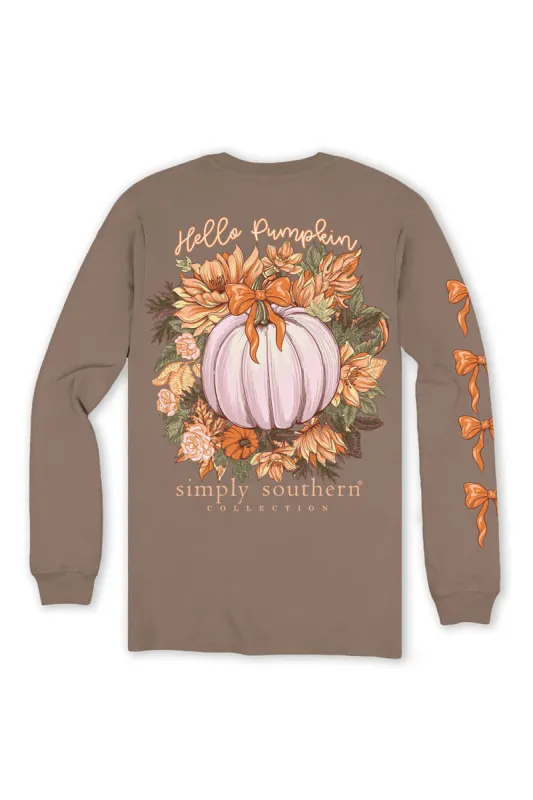 Simply Southern Plus Size Long Sleeve Hello Pumpkin T-Shirt for Women in Army Brown | EXT-LS-PUMPKIN-ARMY sold by Glik’s