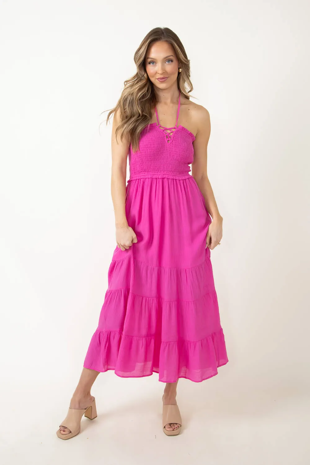 Halter Neck Tiered Maxi Dress for Women in Pink | ND30242-FUCHSIA sold by Glik’s product image thumbnail 5