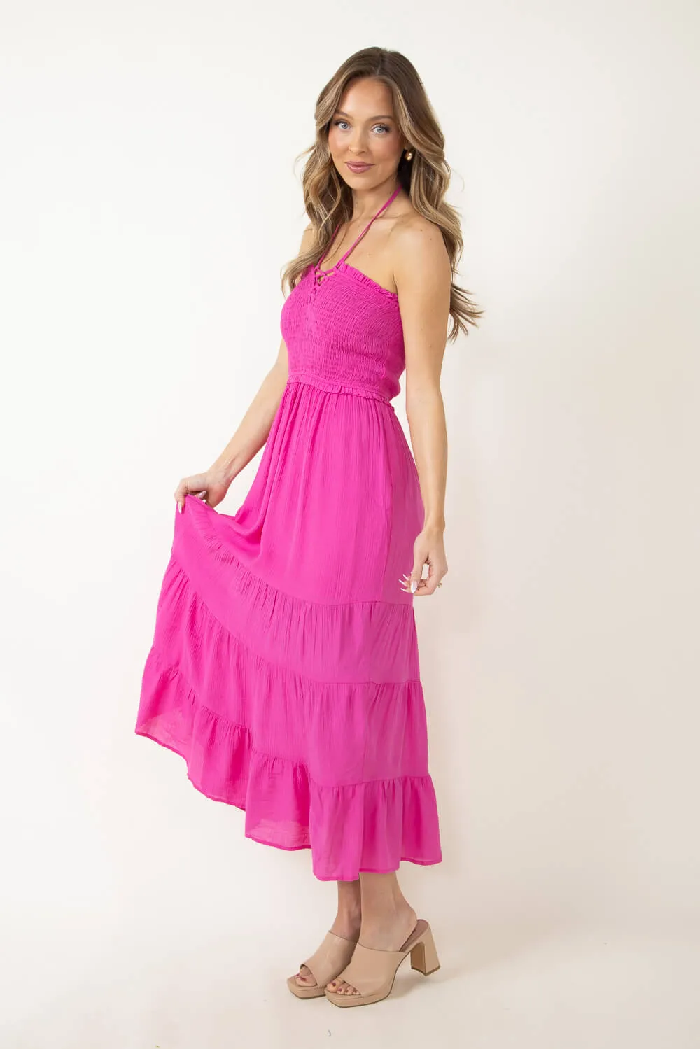 Halter Neck Tiered Maxi Dress for Women in Pink | ND30242-FUCHSIA sold by Glik’s product image thumbnail 4