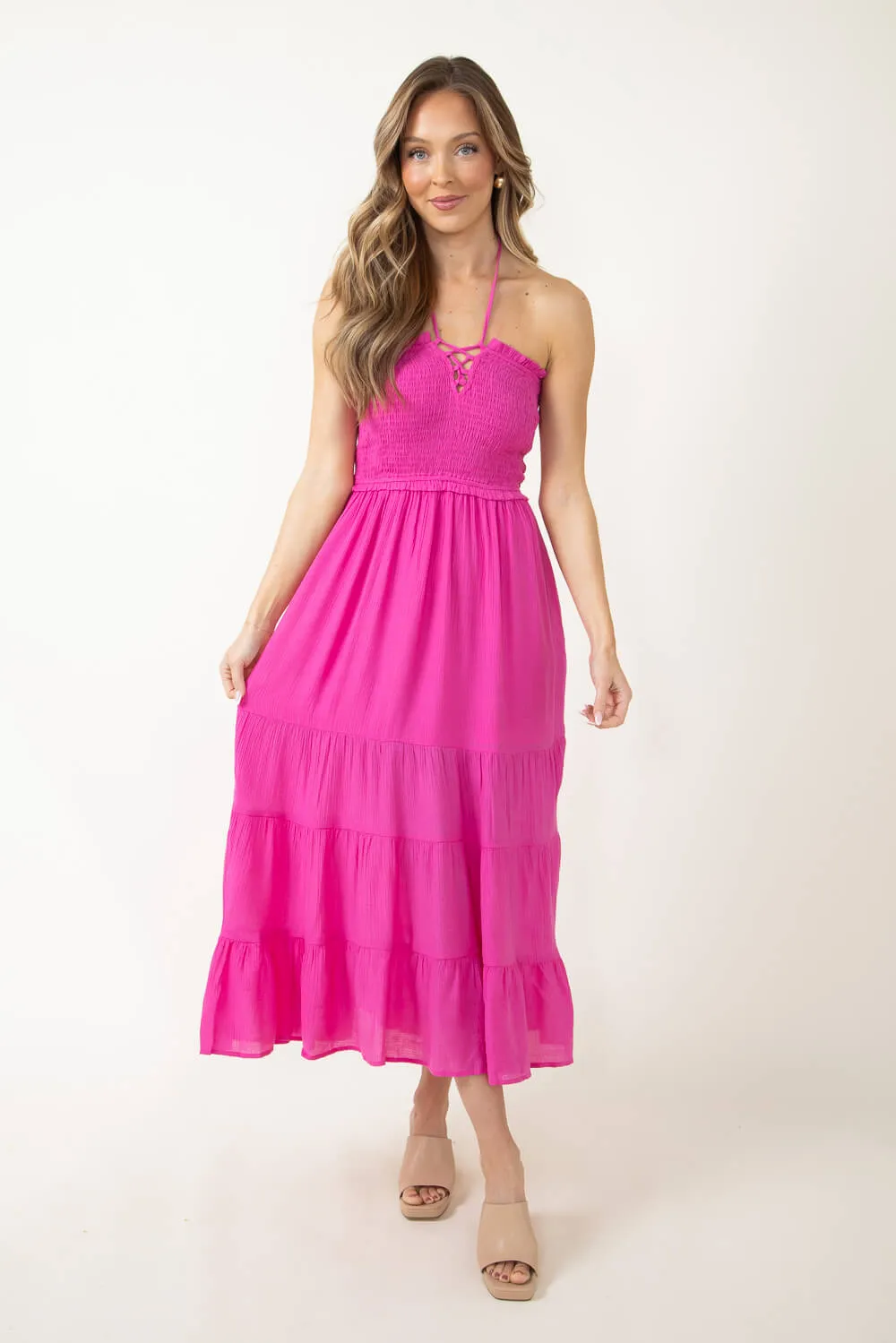 Halter Neck Tiered Maxi Dress for Women in Pink | ND30242-FUCHSIA sold by Glik’s product image thumbnail 2