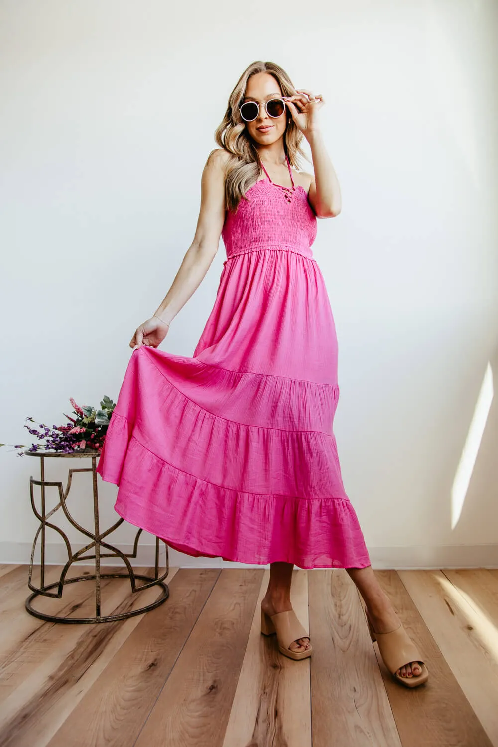 Halter Neck Tiered Maxi Dress for Women in Pink | ND30242-FUCHSIA sold by Glik’s