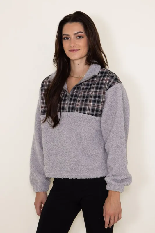 Simply Southern Outdoorsy Plaid Quarter Zip Sherpa Pullover for Women in Cloud | PP-0223-OUTDOORSY-QZIP-CLOUD sold by Glik’s