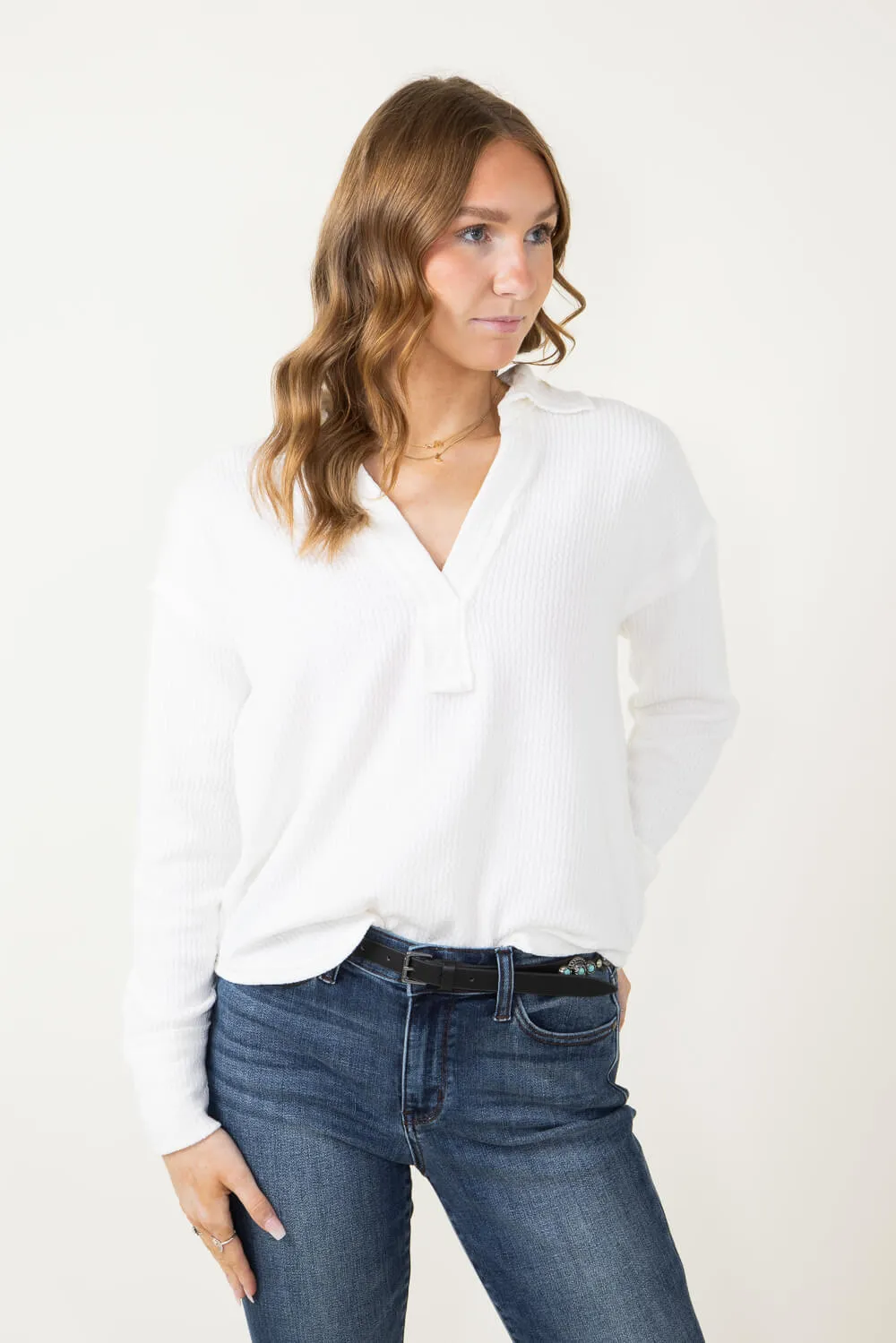 Blu Pepper Ribbed Knit Johnny Collar Polo Shirt for Women in Ivory | B3FT1012-IVORY sold by Glik’s product image thumbnail 4