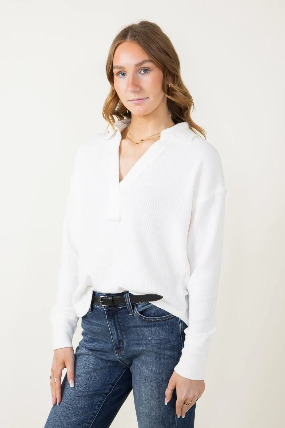 Blu Pepper Ribbed Knit Johnny Collar Polo Shirt for Women in Ivory | B3FT1012-IVORY sold by Glik’s product image thumbnail 2