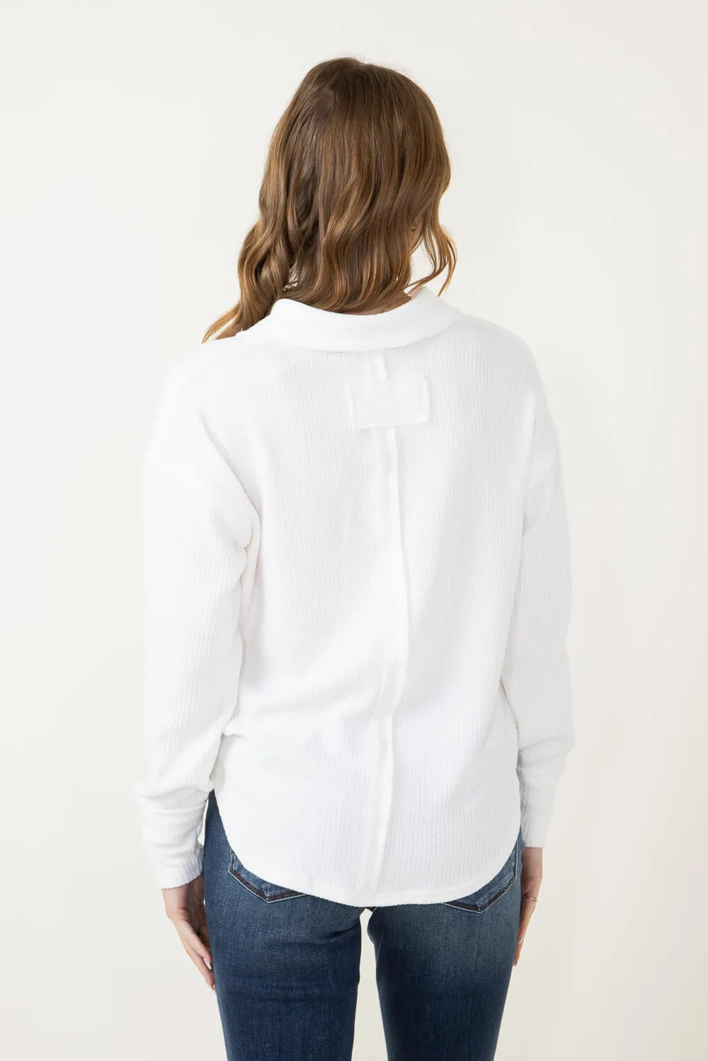 Blu Pepper Ribbed Knit Johnny Collar Polo Shirt for Women in Ivory | B3FT1012-IVORY sold by Glik’s product image thumbnail 3