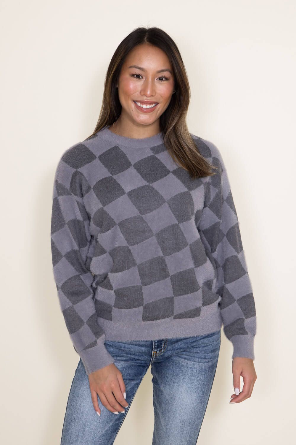 Simply Southern Fuzzy Checkerboard Crewneck Sweater for Women in Grey | PP-0223-FUZZY-CREW-GRYCHCK sold by Glik’s