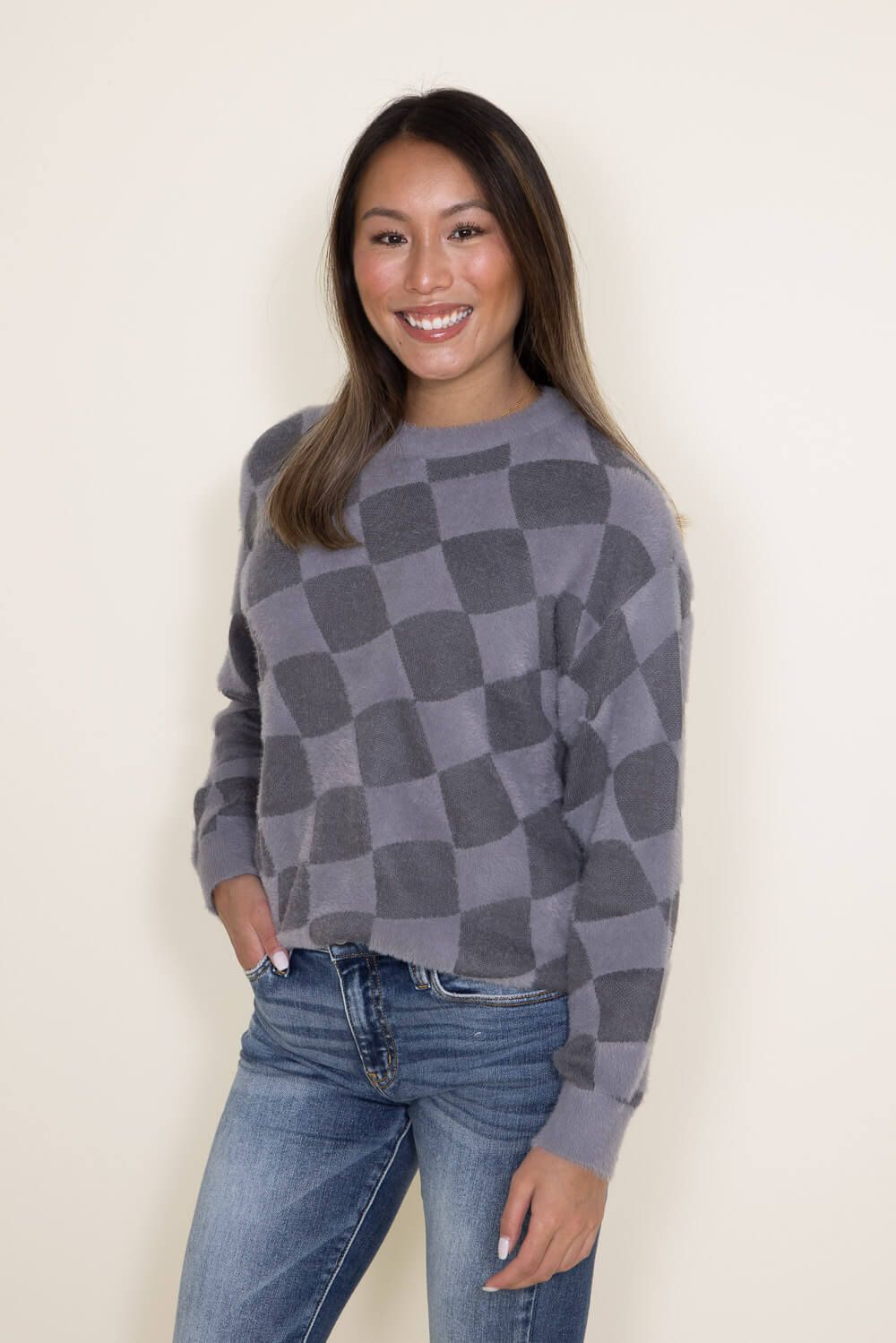 Simply Southern Fuzzy Checkerboard Crewneck Sweater for Women in Grey | PP-0223-FUZZY-CREW-GRYCHCK sold by Glik’s product image thumbnail 4