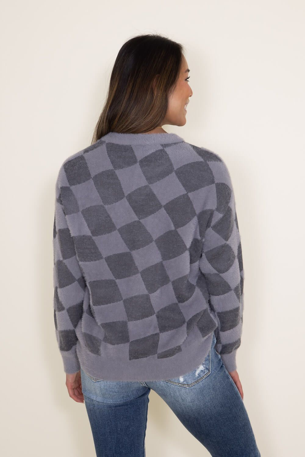 Simply Southern Fuzzy Checkerboard Crewneck Sweater for Women in Grey | PP-0223-FUZZY-CREW-GRYCHCK sold by Glik’s product image thumbnail 2