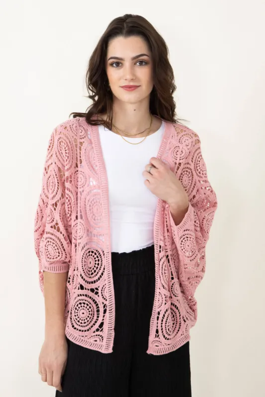 Crop Crochet Cardigan for Women in Peach | ZLC410054-PEACH | Parallel