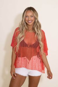 Sheer Crochet Swim Cover-Up Top for Women in Coral | SBT-2515-COR sold by Glik’s