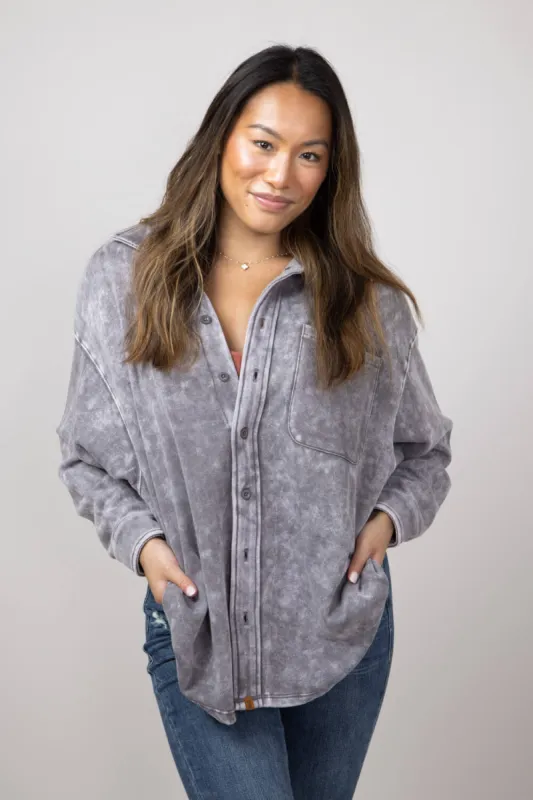 Simply Southern Solid Acid Wash Shacket for Women in Lead | PP-0224-SHKT-ACID-LEAD sold by Glik’s