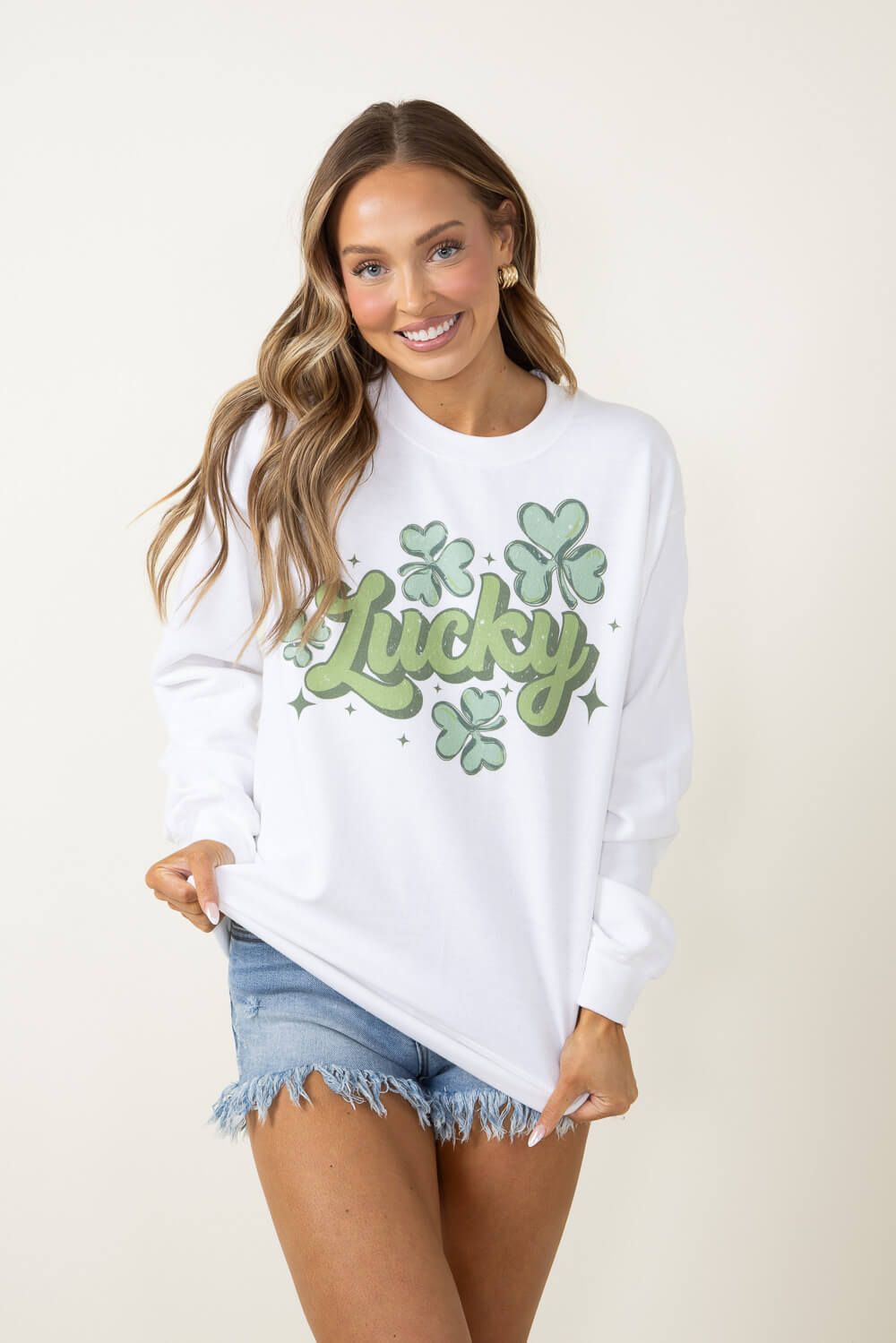 Lucky Clovers Graphic Fleece Sweatshirt for Women in White | 11250X-SS-WHITE sold by Glik’s product image thumbnail 5