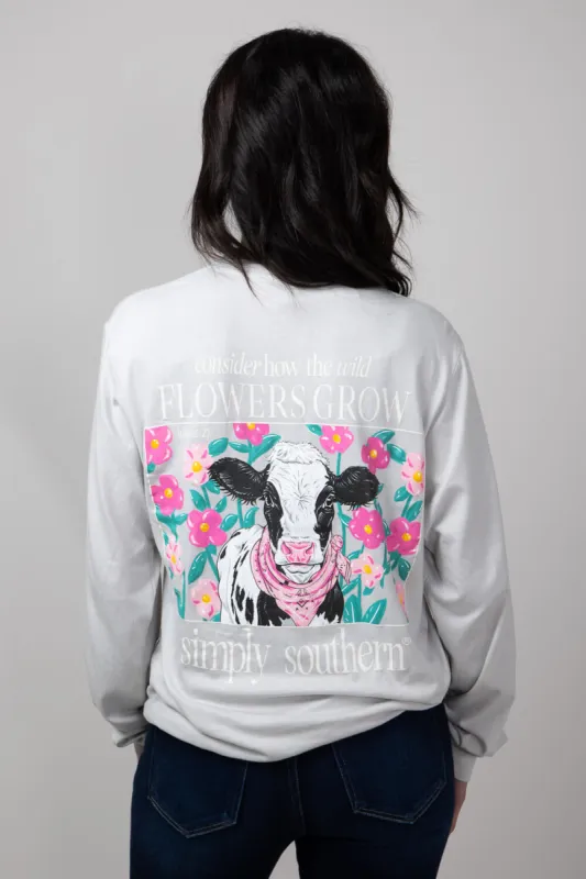 Simply Southern Long Sleeve Flowers Cow T-Shirt for Women in White Water | LS-COW-WHITEWATER sold by Glik’s