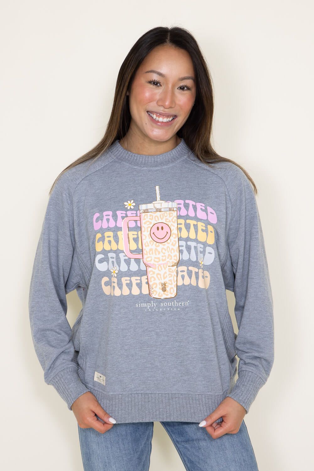 Simply Southern Caffeinated Crewneck for Women in Heather Grey | RCREW-CAFF-HTHRGRY sold by Glik’s