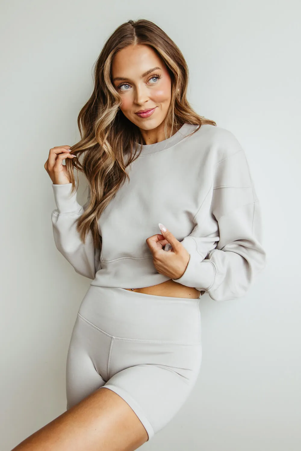 Crop Long Sleeve Top with Biker Short Matching Set for Women in Stone | PT17947-STONE sold by Glik’s