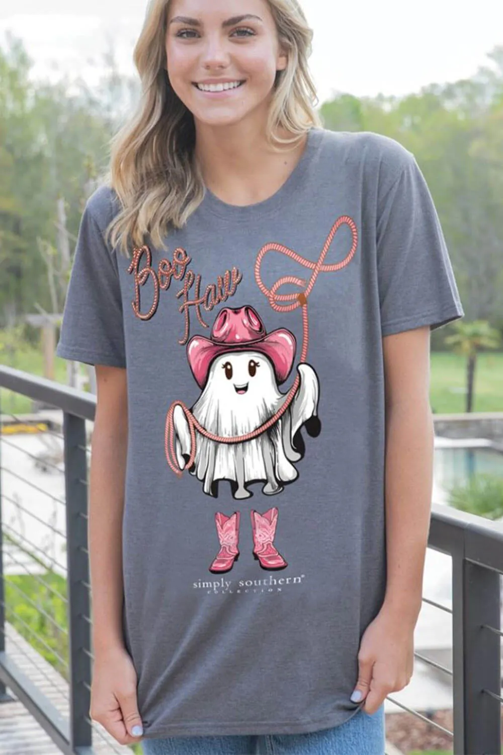 Simply Southern Boo Haw Ghost T-Shirt for Women in Iron Heather | SS-BOOHAW-IRONHTHR sold by Glik’s